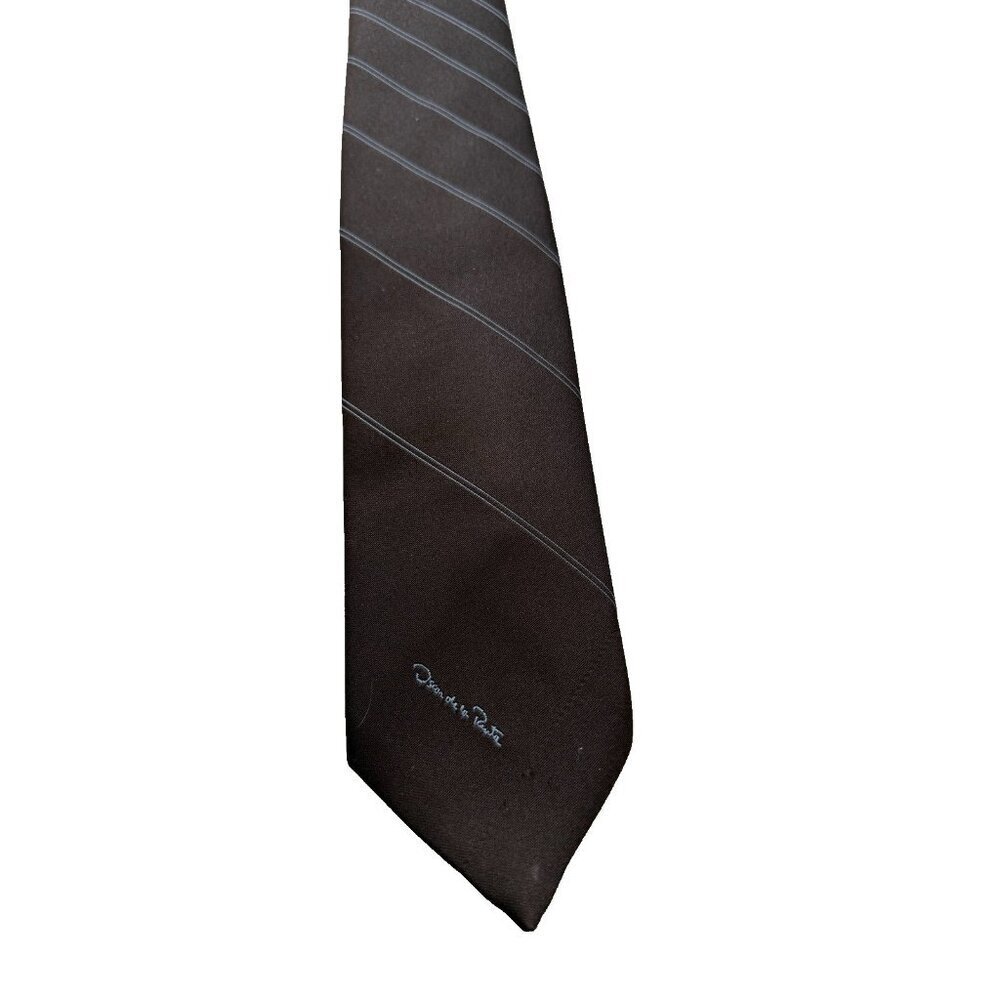 Oscar De La Renta Tie Brown & Blue Diagonal Stripe Silk Blend Vintage - Picture 5 of 9